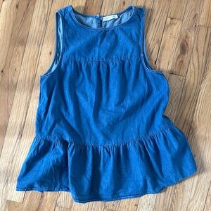 Beach lunch lounge denim tiered ruffle peplum sleeveless blouse medium